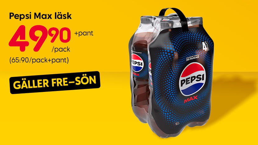 Gäller FRE–SÖN för medlemmar i Club Rusta: Pepsi Max läsk 49:90/pack+pant. (Ord. pris 65:90/pack+pant).