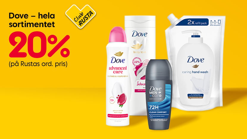 CLUB RUSTA: Dove – hela sortimentet 20%.