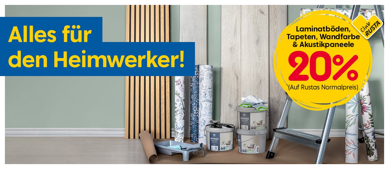 Alles für den Heimwerker! Laminatböden, Tapeten, Wandfarbe Nyans und Akustikpaneele 20%.