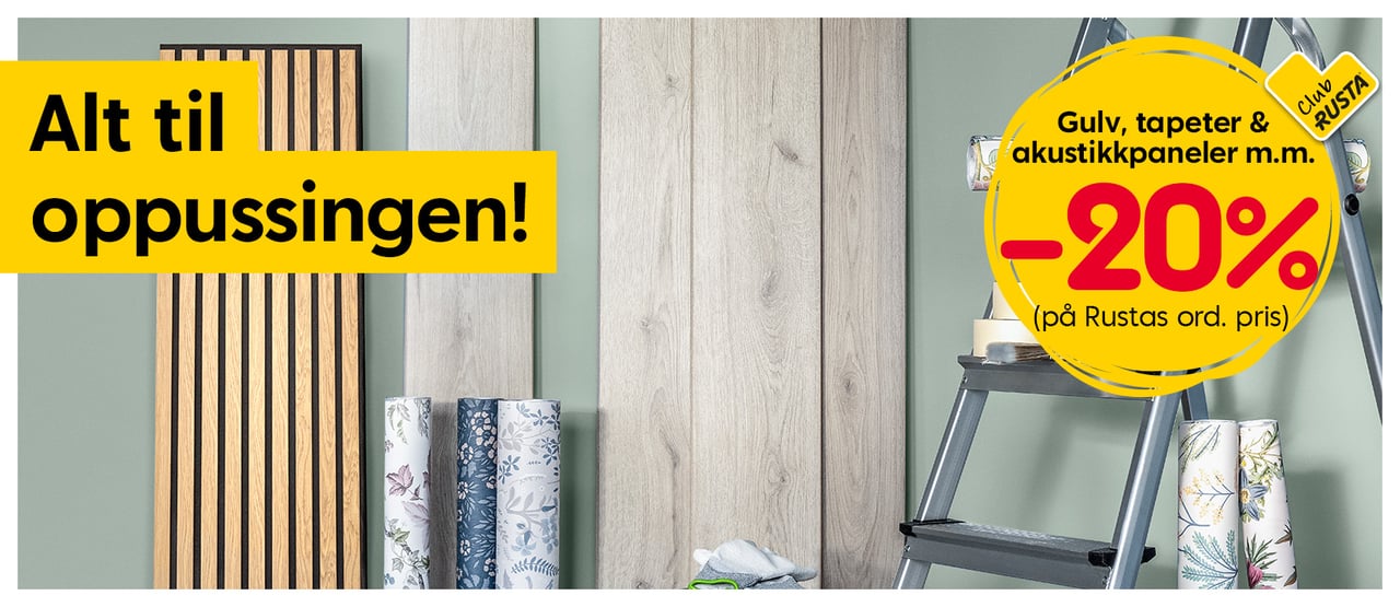 Alt til oppussingen! Gulv, tapeter og akustikkpaneler m.m. -20%.