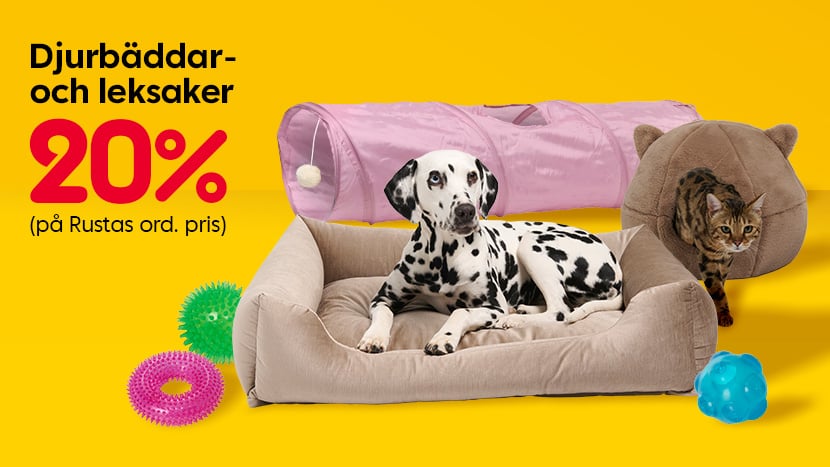 Djurbäddar- och leksaker 20%.