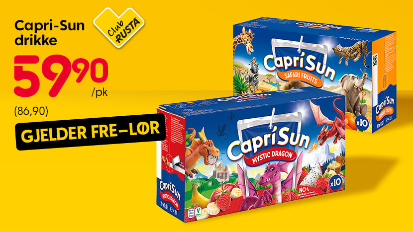 GJELDER FREDAG–LØRDAG for medlemmer i Club Rusta: Capri-Sun drikke 59,90/pk. Ord pris 86,90.