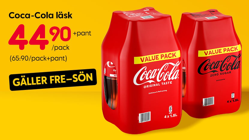 GÄLLER FREDAG–SÖNDAG för medlemmar i Club Rusta: Coca-Cola läsk 44:90/pack +pant. Ord pris 65:90+pant.
