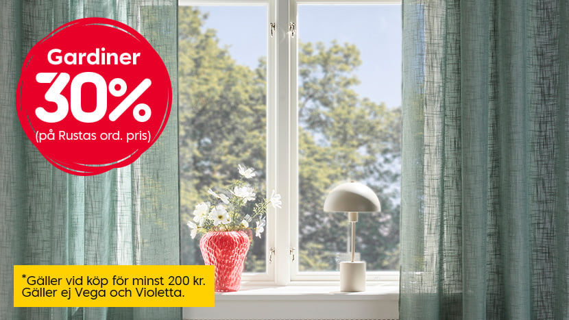 Gardiner 30%. Gäller vid köp för minst 200 kr. Gäller ej Vega och Violetta.