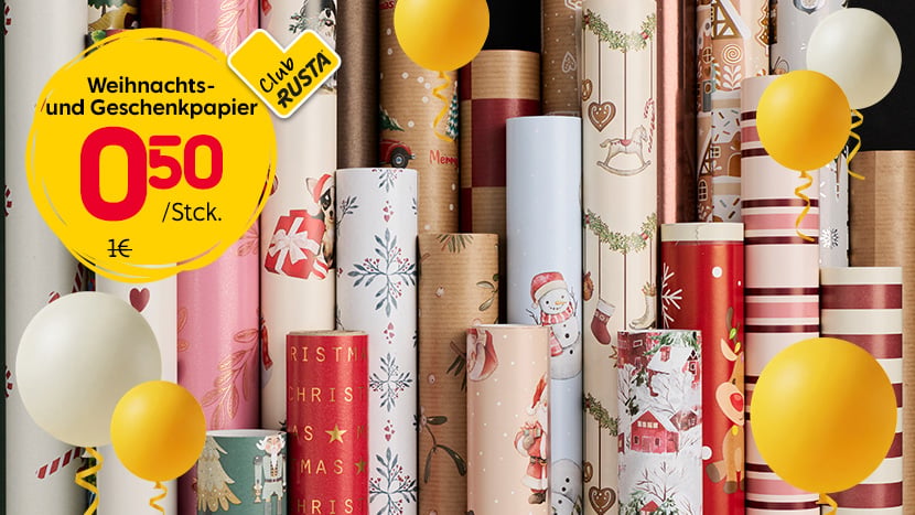 CLUB RUSTA: Weihnachts- und Geschenkpapier 0,50/Stck. Normalpreis 1€.