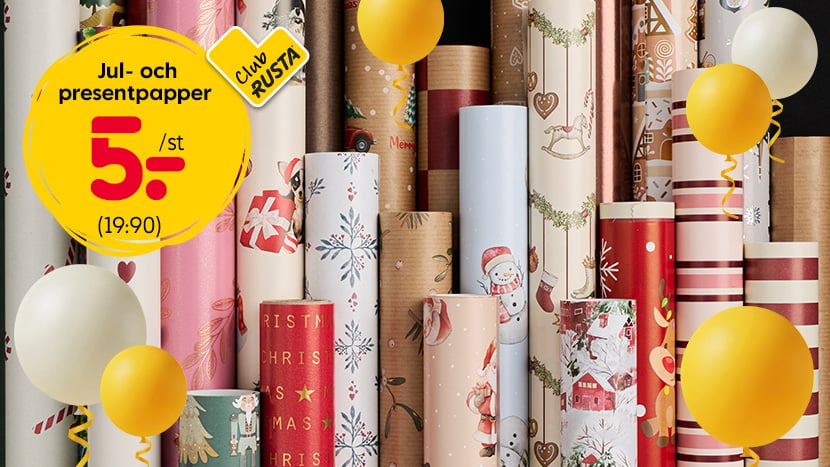 CLUB RUSTA: Jul- och presentpapper 5:-. Ord pris 19:90.