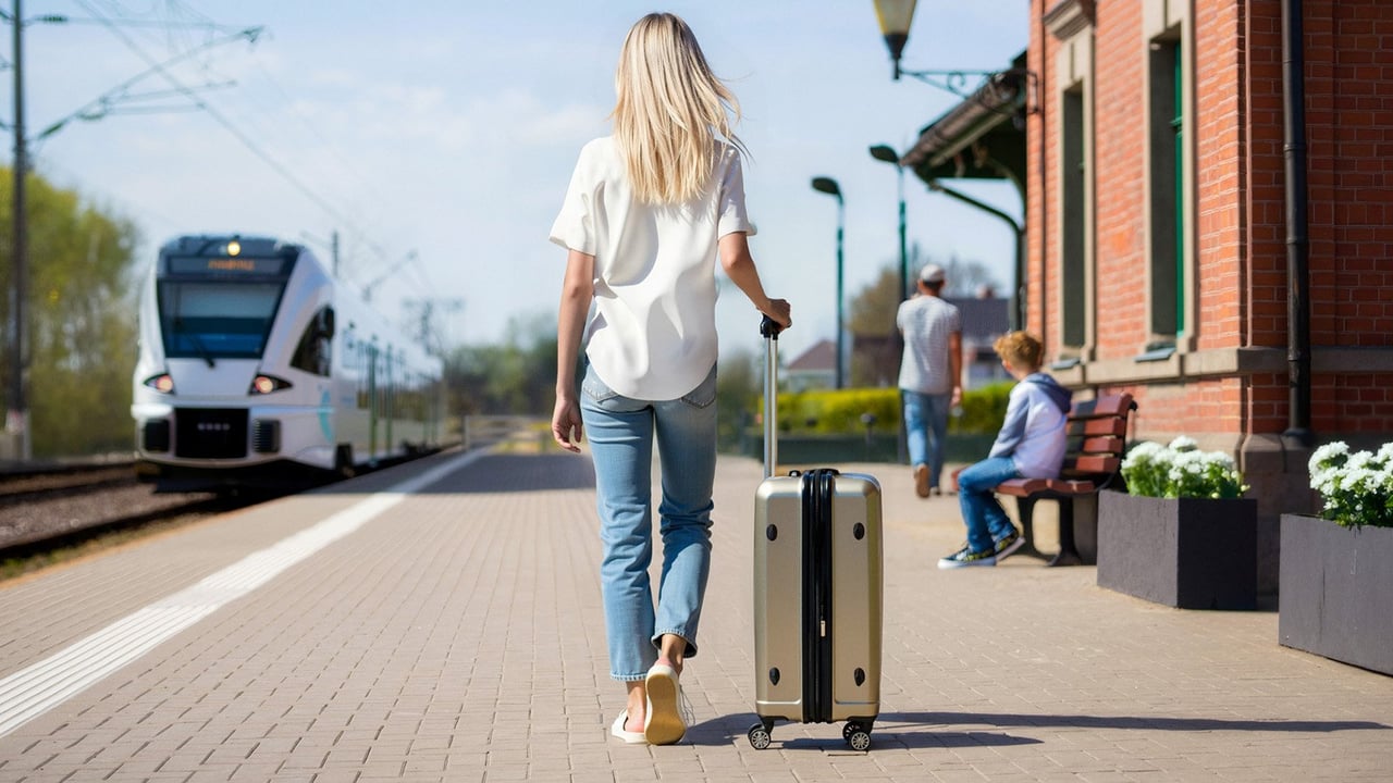 Person med resväska går på en perrong där mötande tåg håller på att anlända.