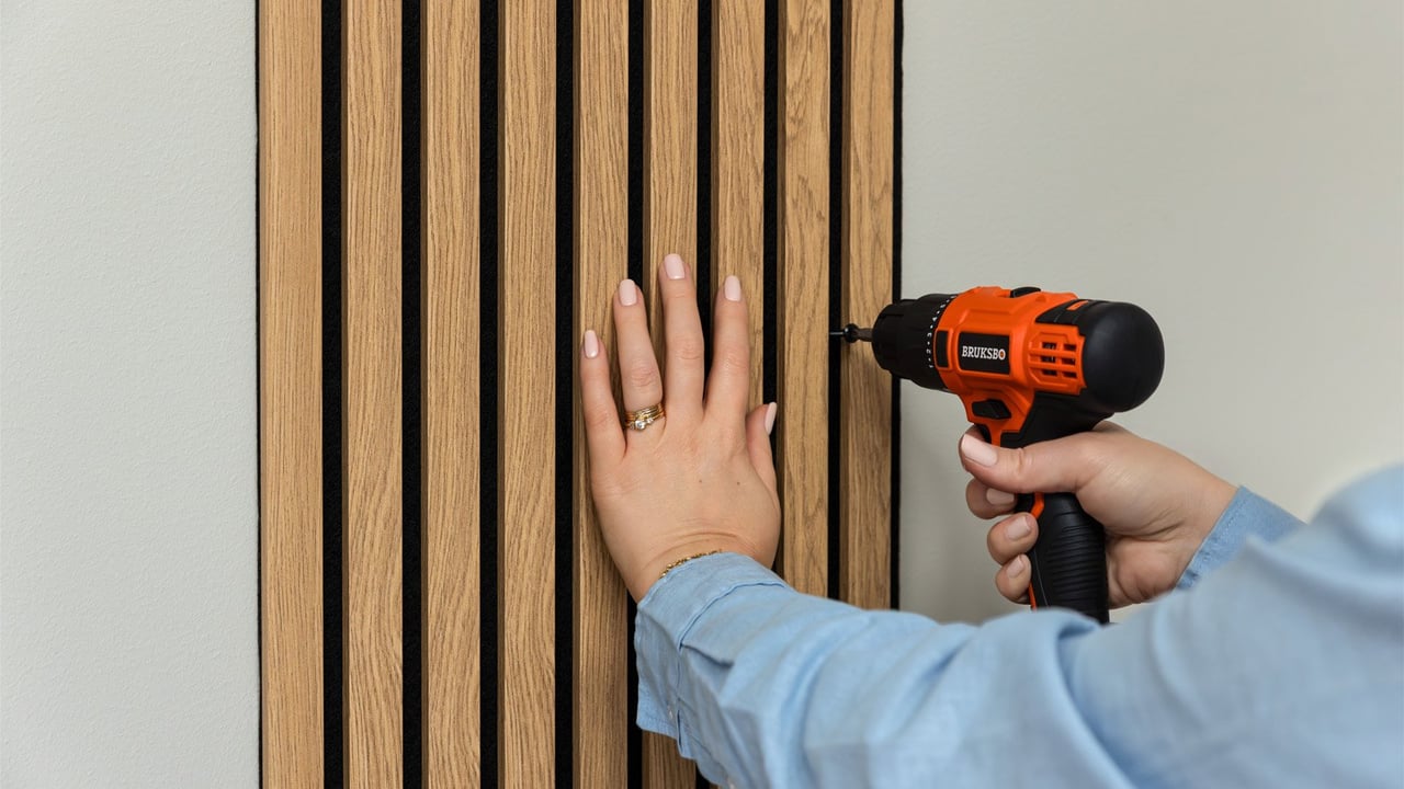 Akustikpanel i trä som monteras på vägg med skruvdragare.