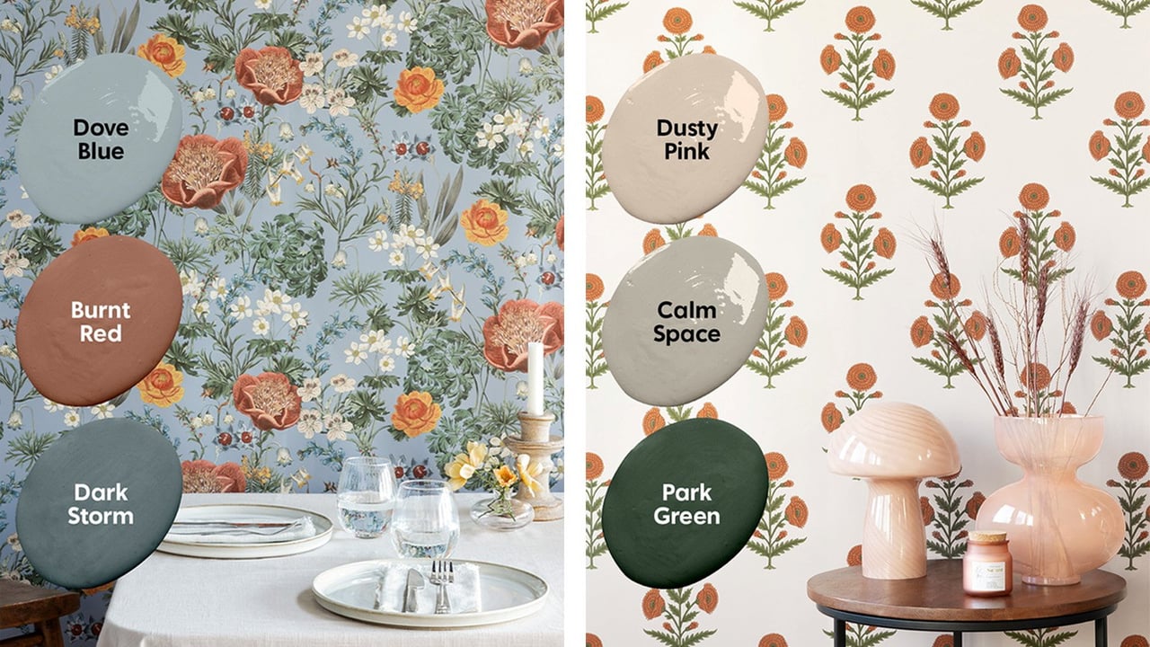 Två rum med mönstrade tapeter och matchande färgprover visas för inredningsinspiration.