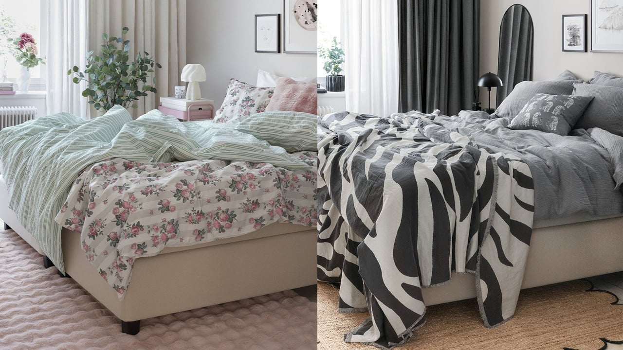Soverom i romantisk stil med blomstrete sengetøy. Samme rom med grått sengetøy og sebrastripet pledd.