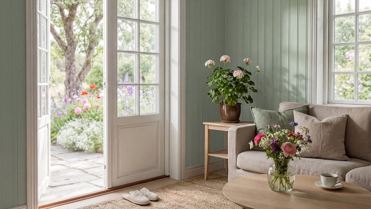 Vardagsrum med grönmålade väggar. Altandörren står öppen mot en blommande trädgård.