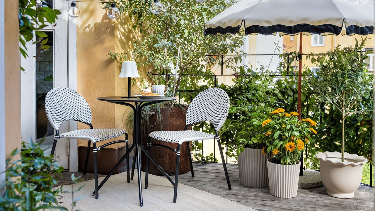 En grönskande balkong med två svartvita stolar, ett cafébord och ett svartvitt parasoll.