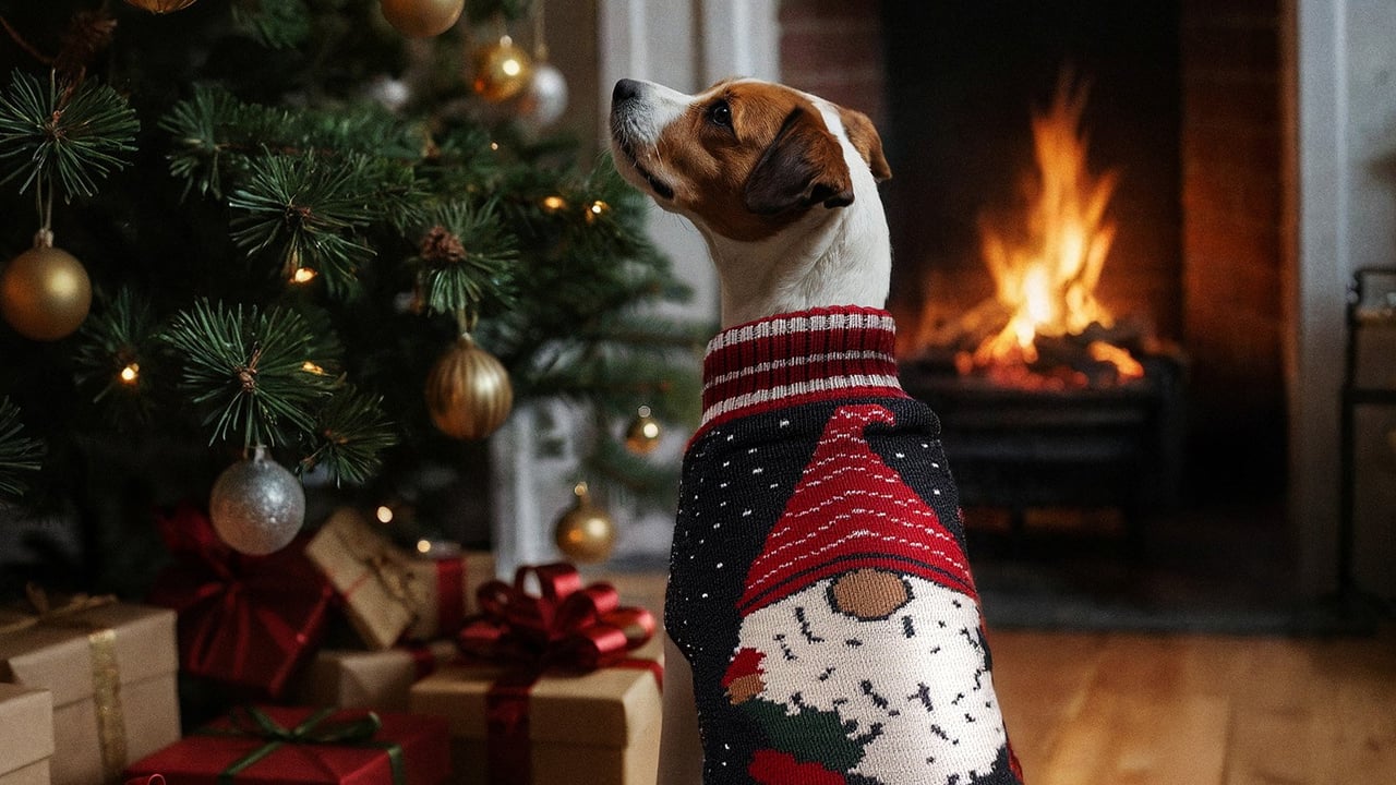 Ein Hund in einem gestrickten Weihnachtspullover schaut auf einen Weihnachtsbaum mit glitzernden Christbaumkugeln.