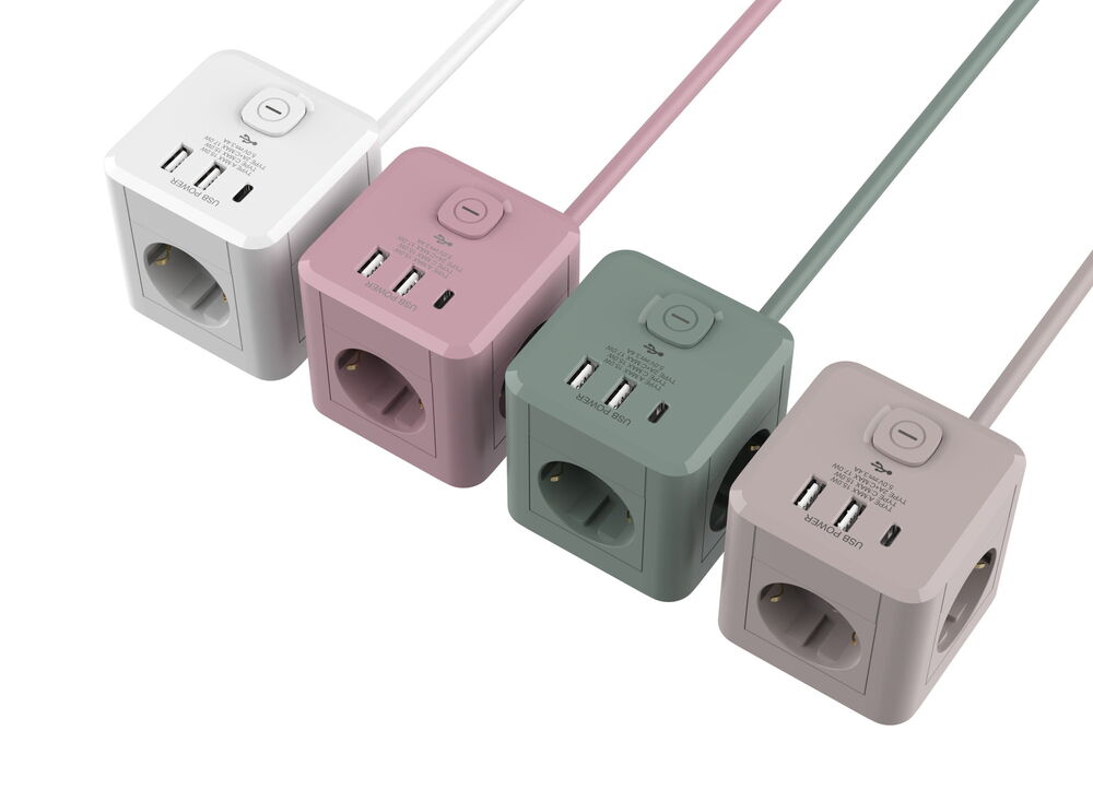 Steckdosenleiste 3-fach 2xUSB-A 1xUSB-C Cube 1,5 m Verschiedene Farben